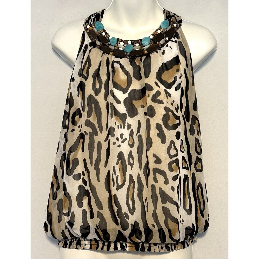 Cache' Sleeveless Halter-Style Tank Top Sz L Animal Print Beaded Lined Y2K